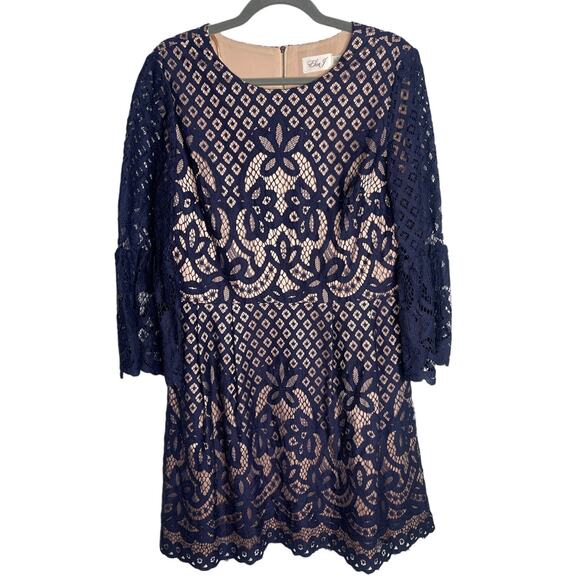 NEW! Anthropologie Plus Size 14 Bell Sleeve Lace Fit Flare Dress Boho Navy Blue - Picture 2 of 8